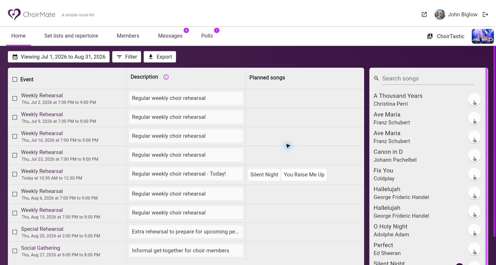 ChoirMate Web showing scheduled rehearsals and planned songs