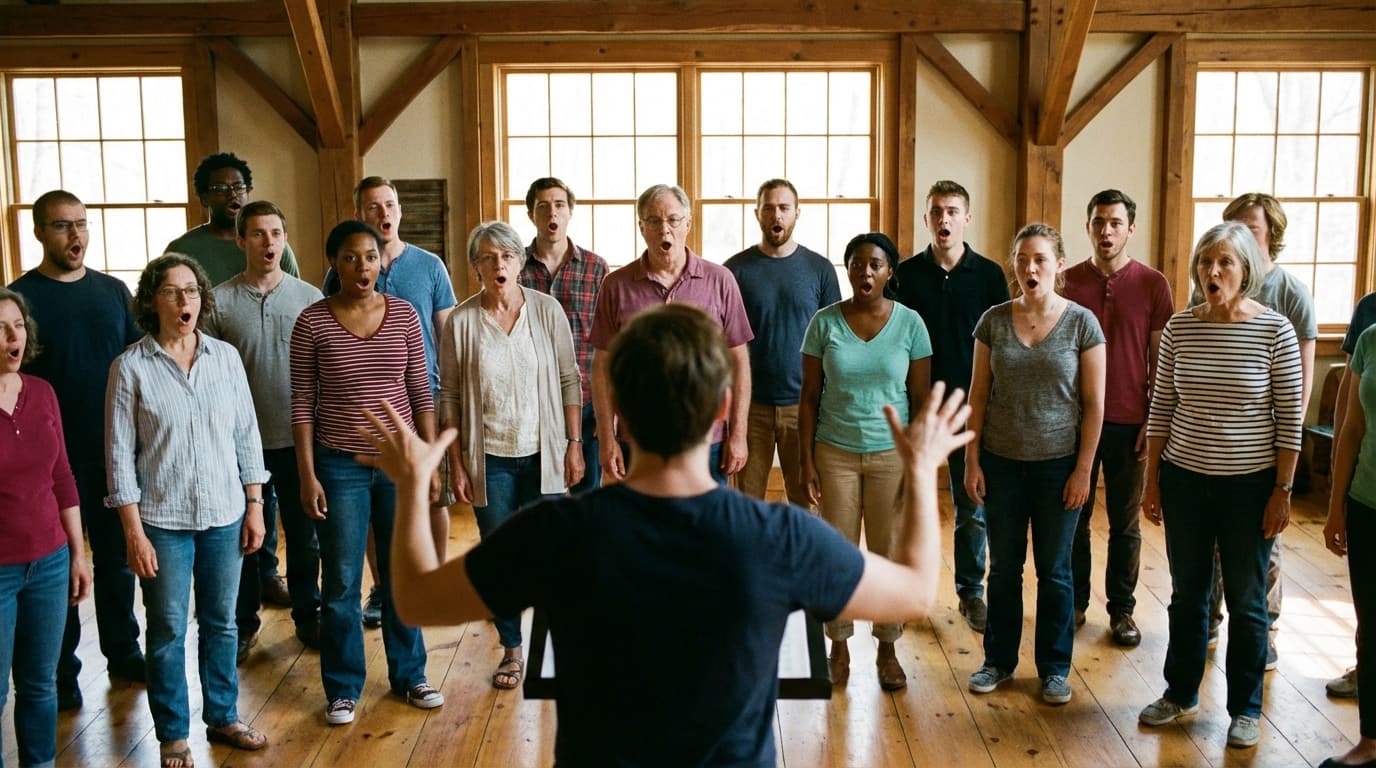 Choir singers doing vocal warm-up exercises together
