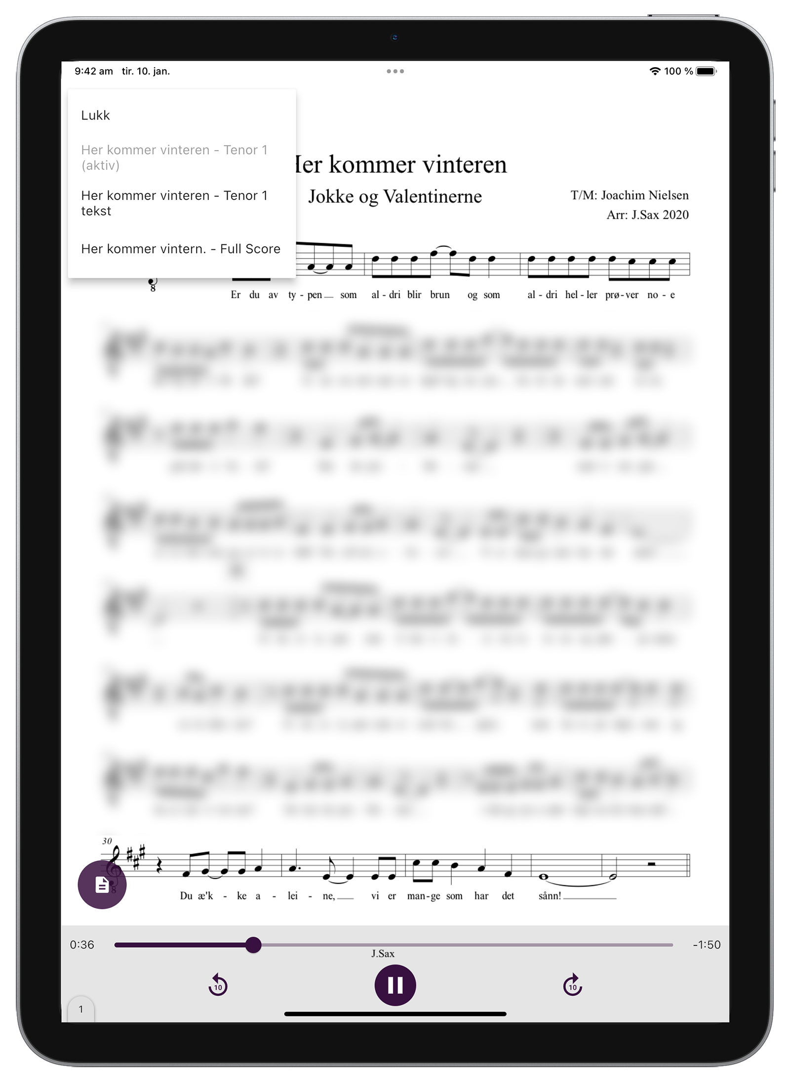 Sheet music view in ChoirMate