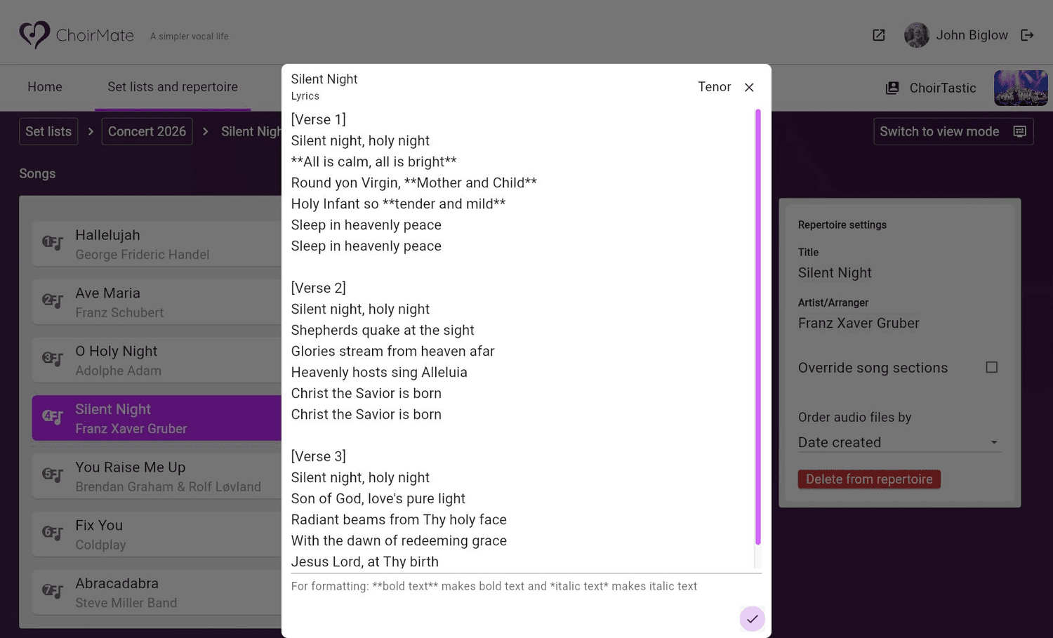 Editing voice-part lyrics in ChoirMate Web