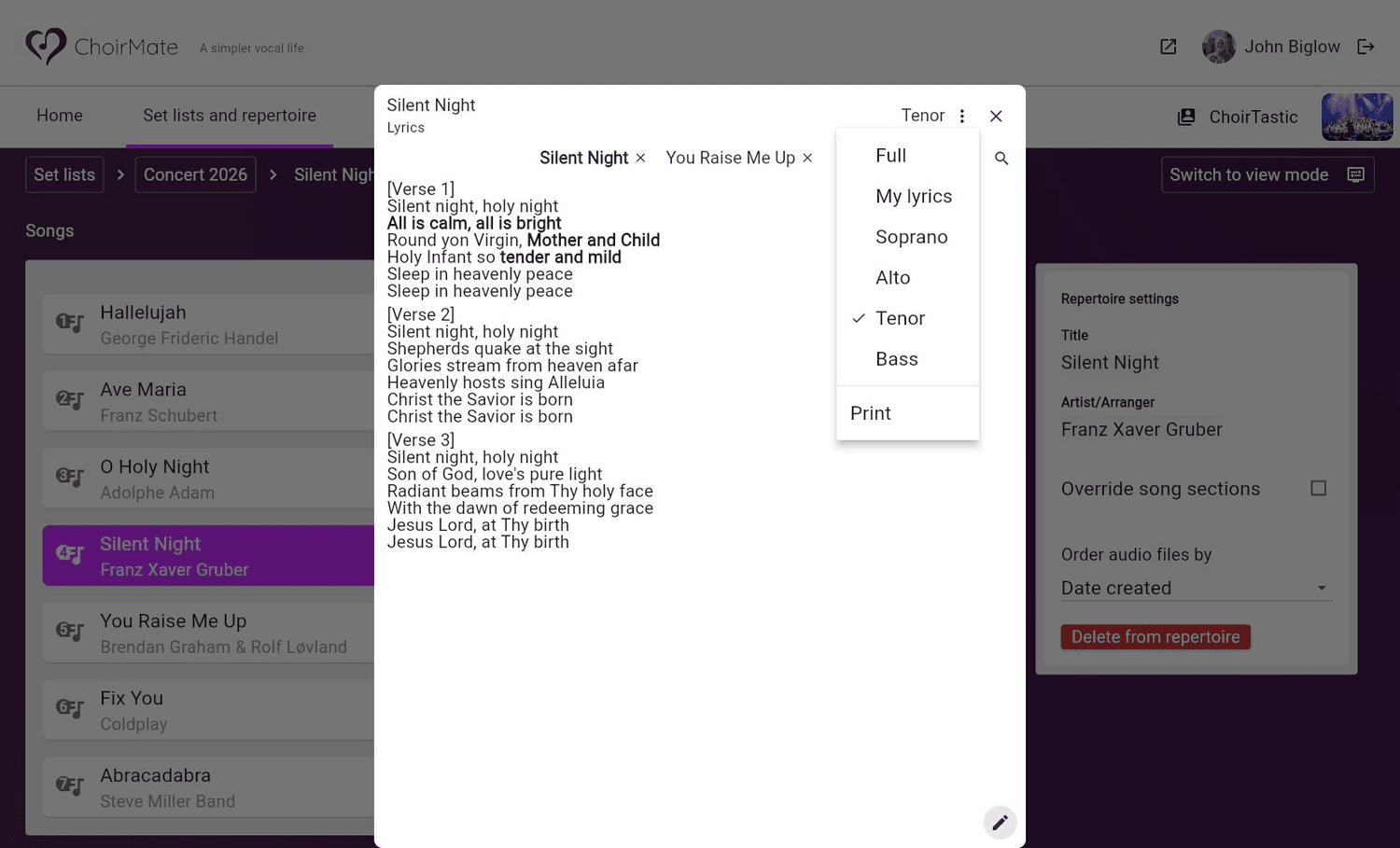Full, private, and voice-part lyrics choices in ChoirMate Web