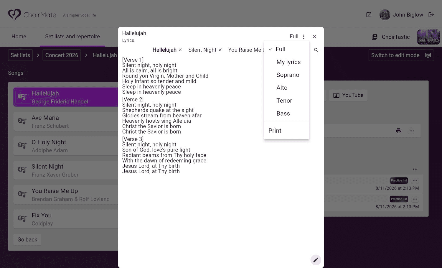 Full, private, and voice-part lyrics choices in ChoirMate Web
