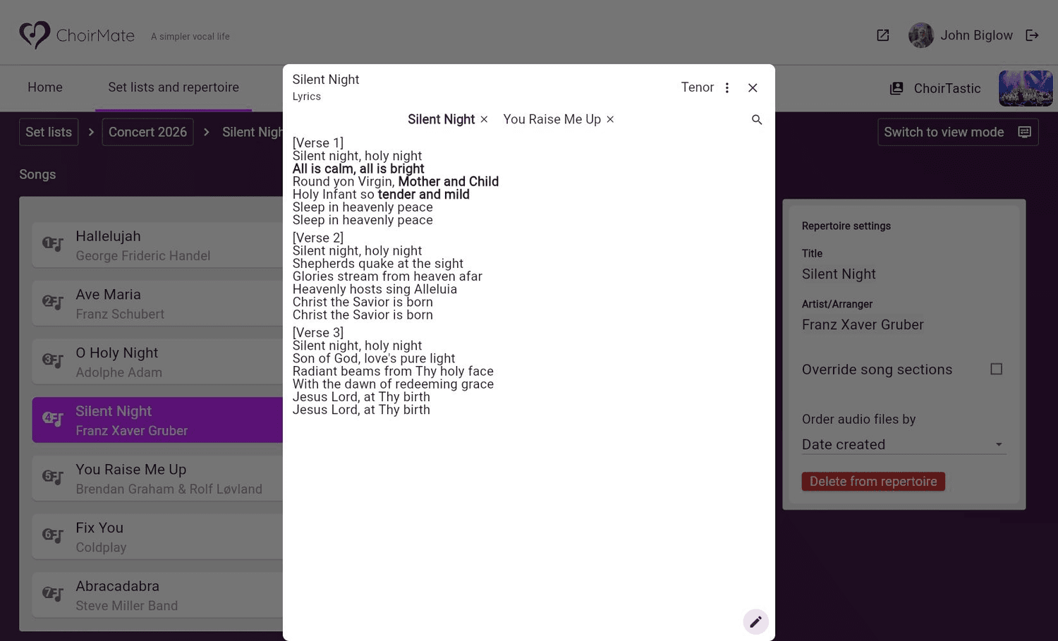 Lyrics open for a song in ChoirMate Web