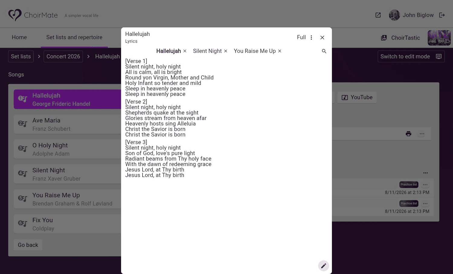Lyrics open for a song in ChoirMate Web