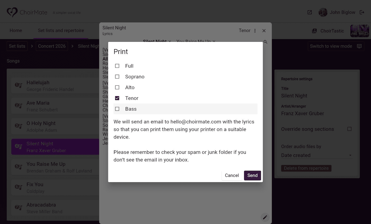 Choosing lyrics to send for printing in ChoirMate Web