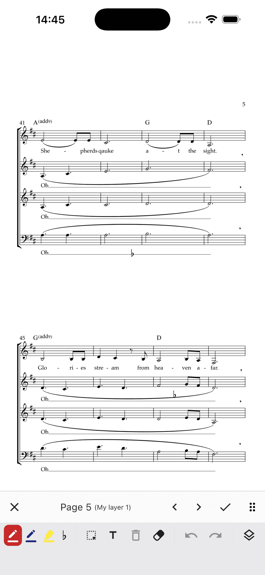 The annotation toolbar in the ChoirMate app