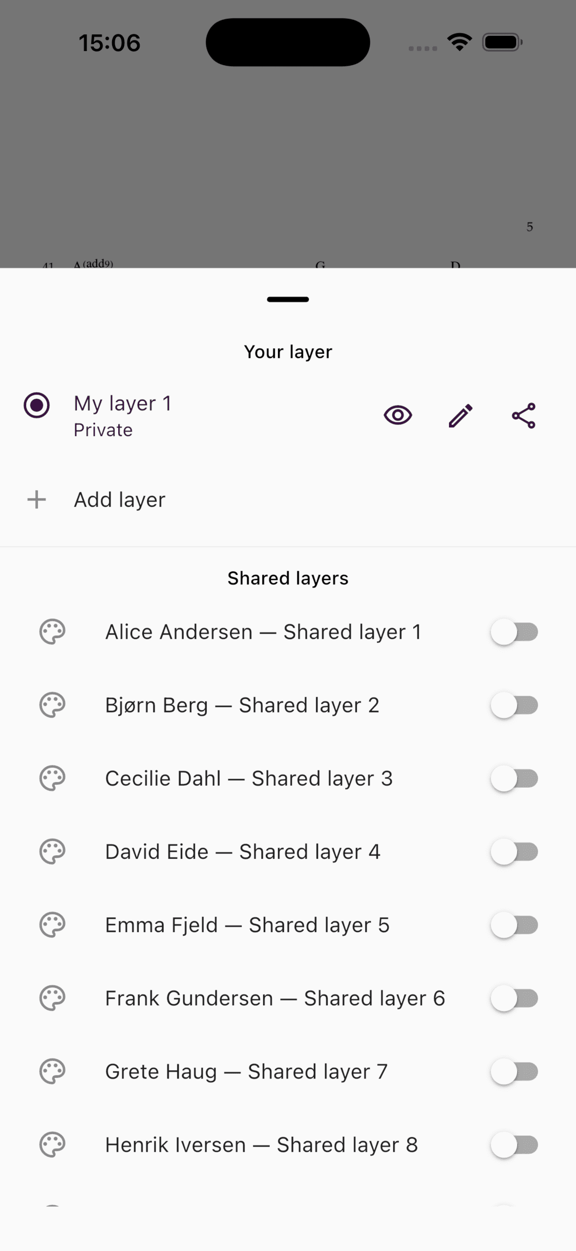 Your layers and shared layers in the ChoirMate app