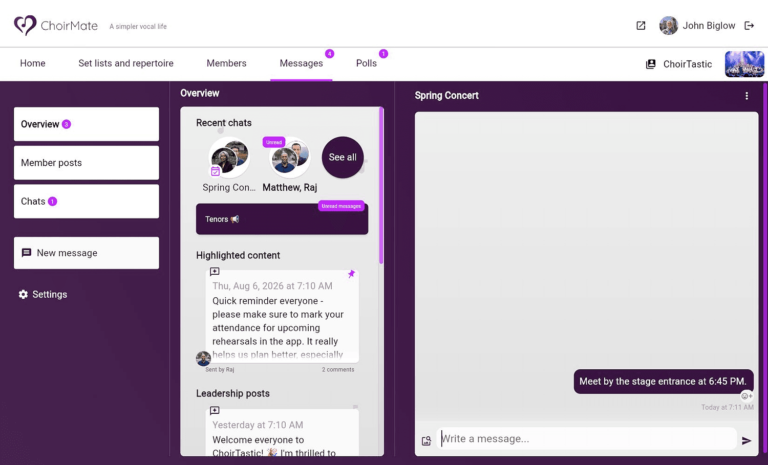 An event-specific Attendees' Chat open in ChoirMate on the web