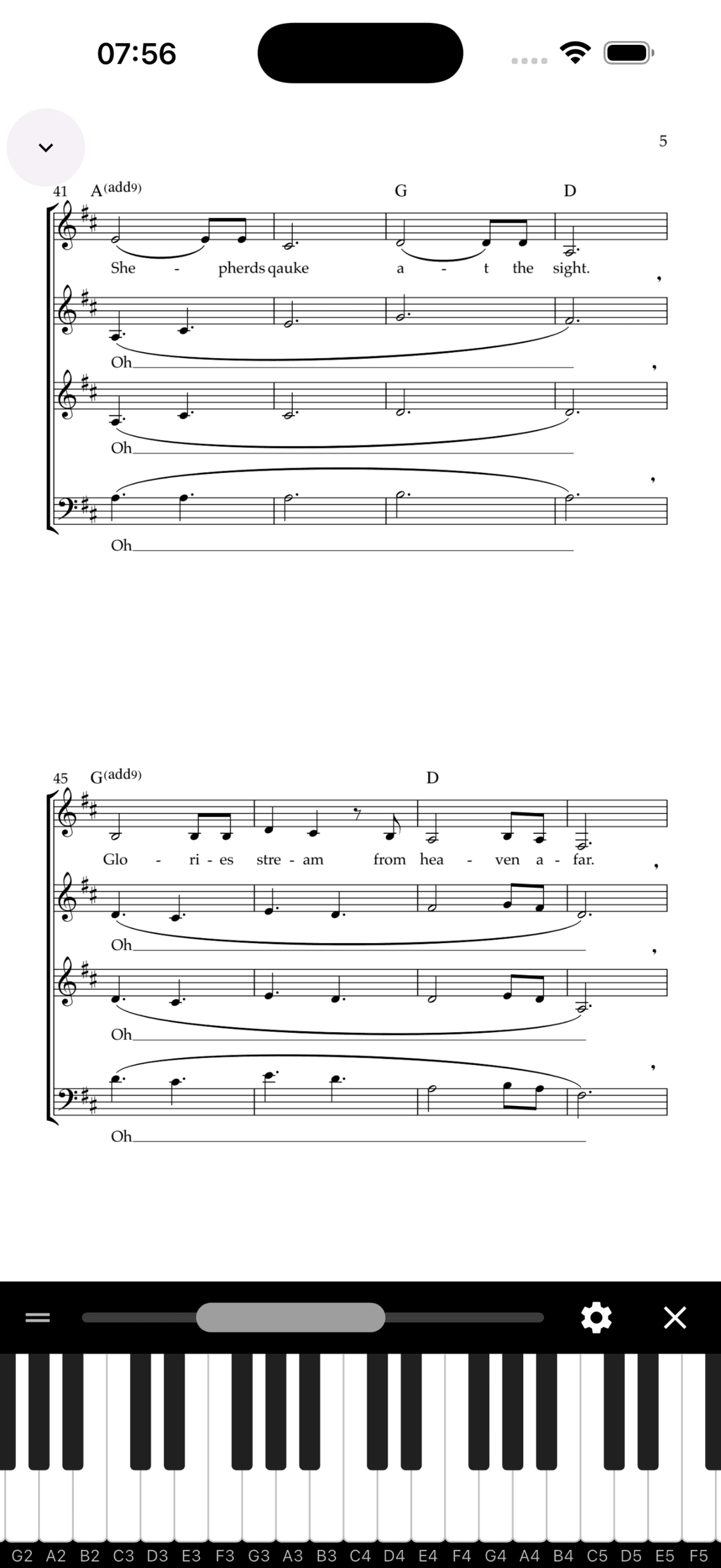 Full-range piano open below page 5 of a score in the new sheet-music viewer