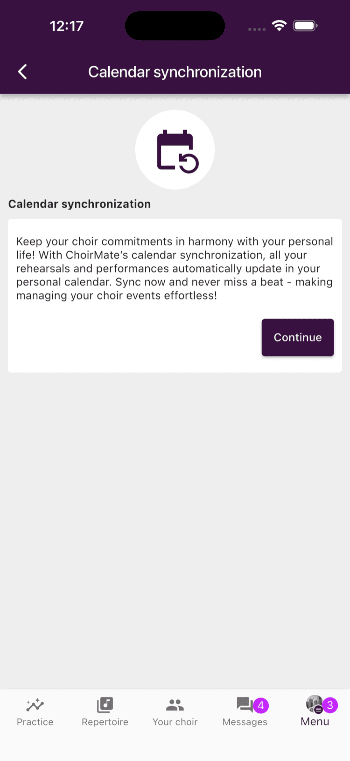The introduction to calendar synchronization with a Continue button