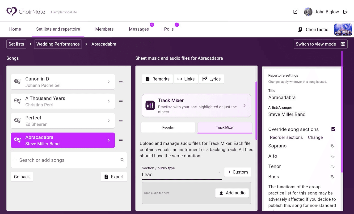 Overridden song sections in ChoirMate Web