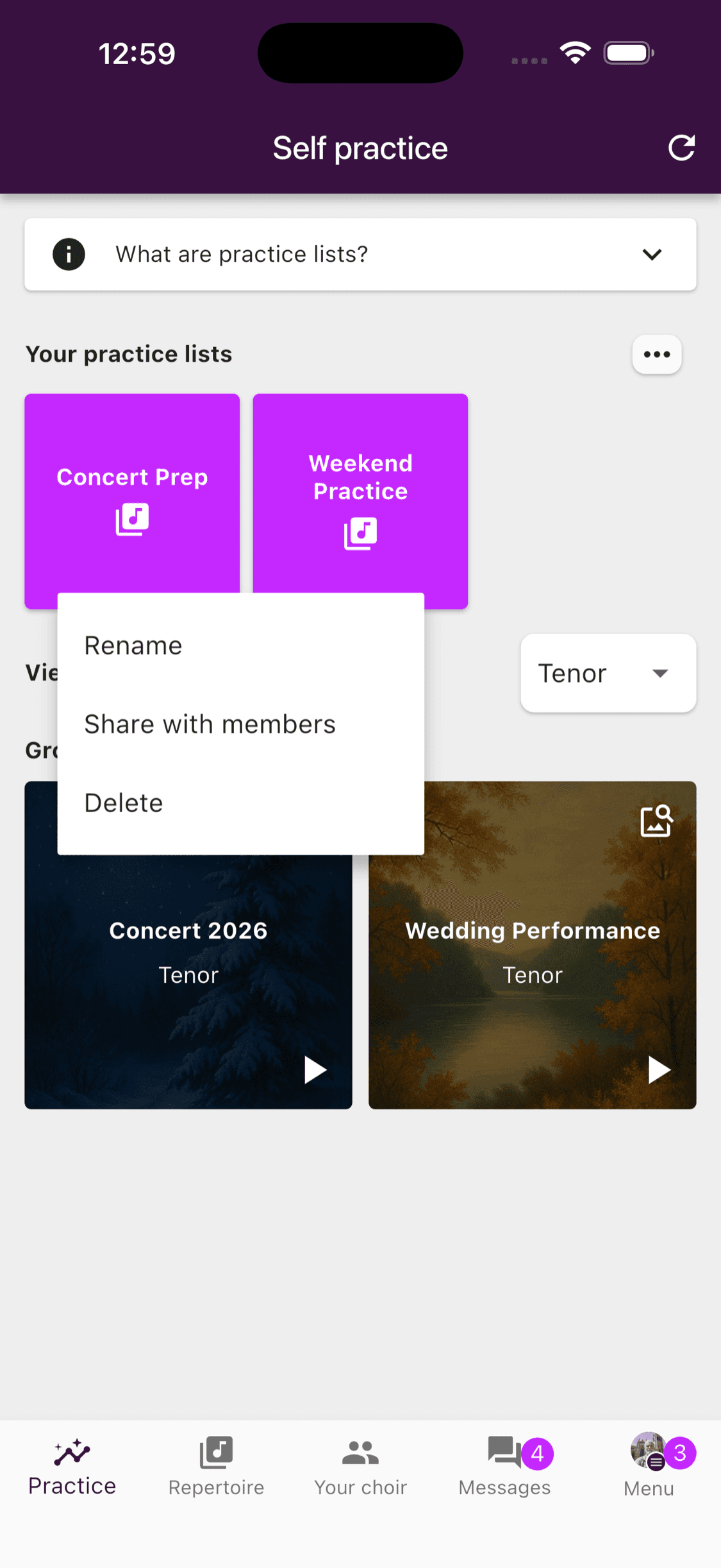 Rename, share, and delete actions for a personal practice list in the ChoirMate app