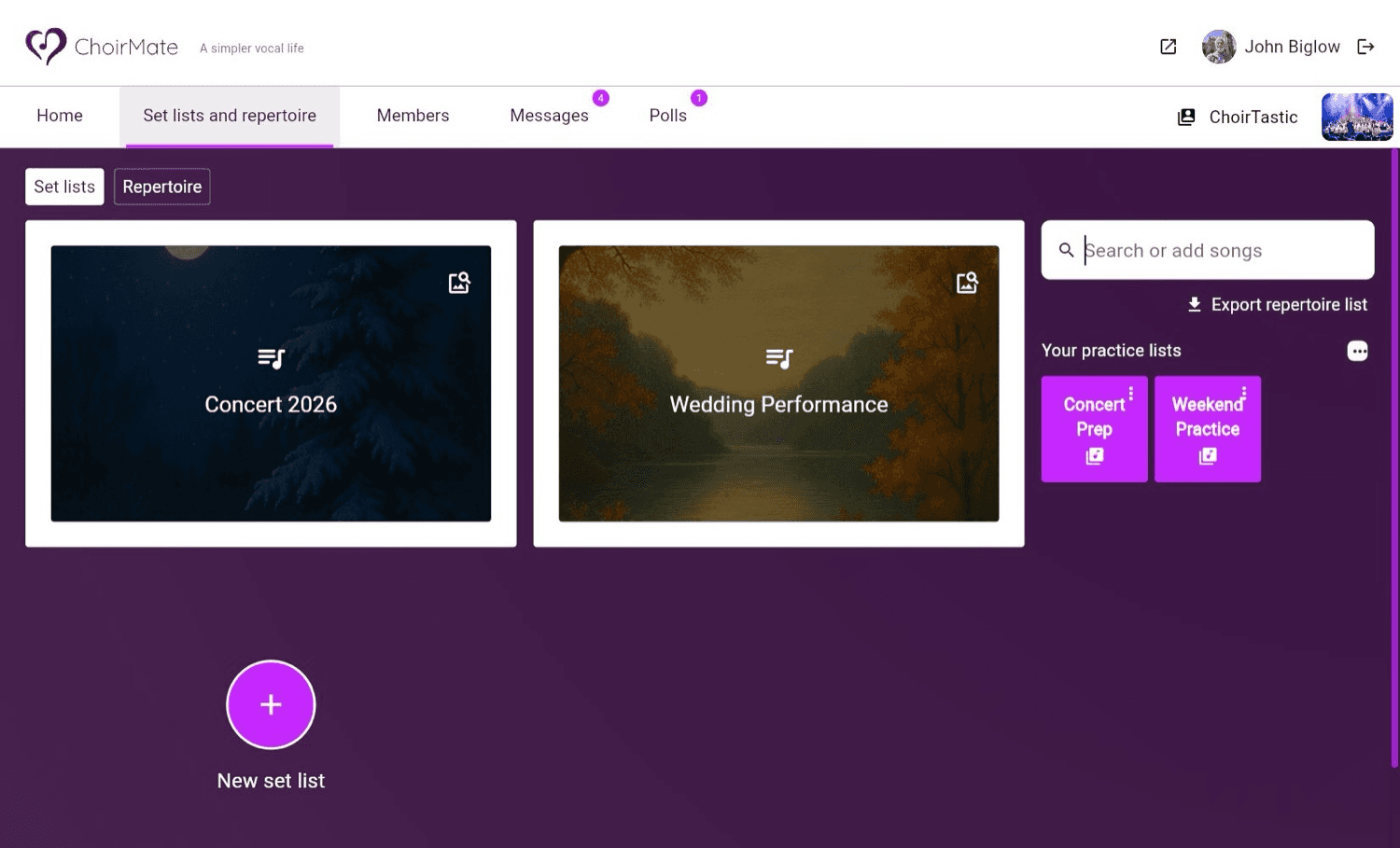 Personal practice lists beside set lists in ChoirMate Web