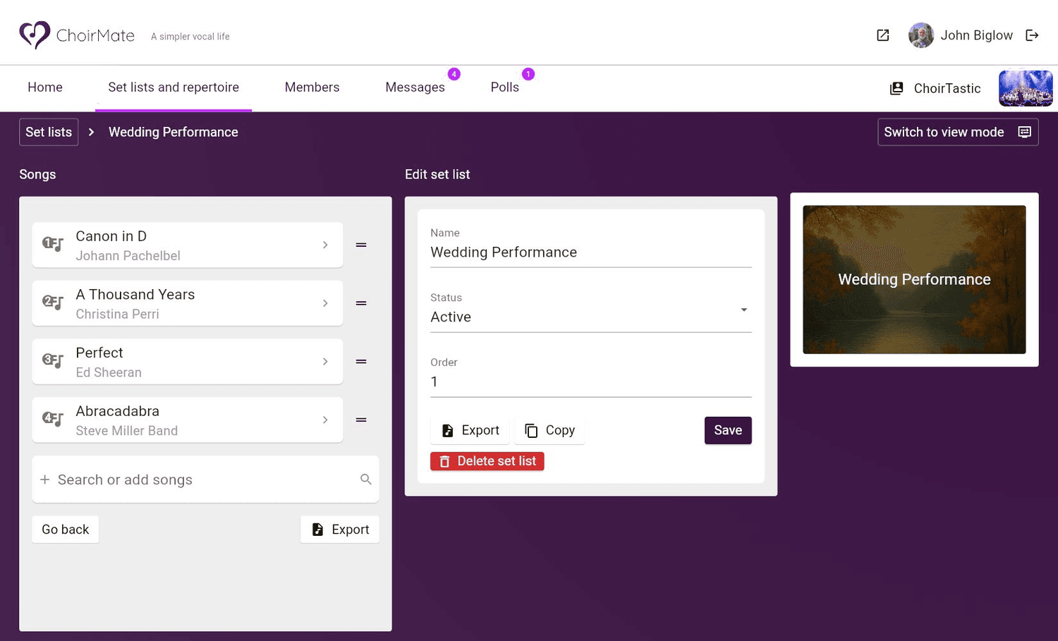The set-list details editor in ChoirMate Web