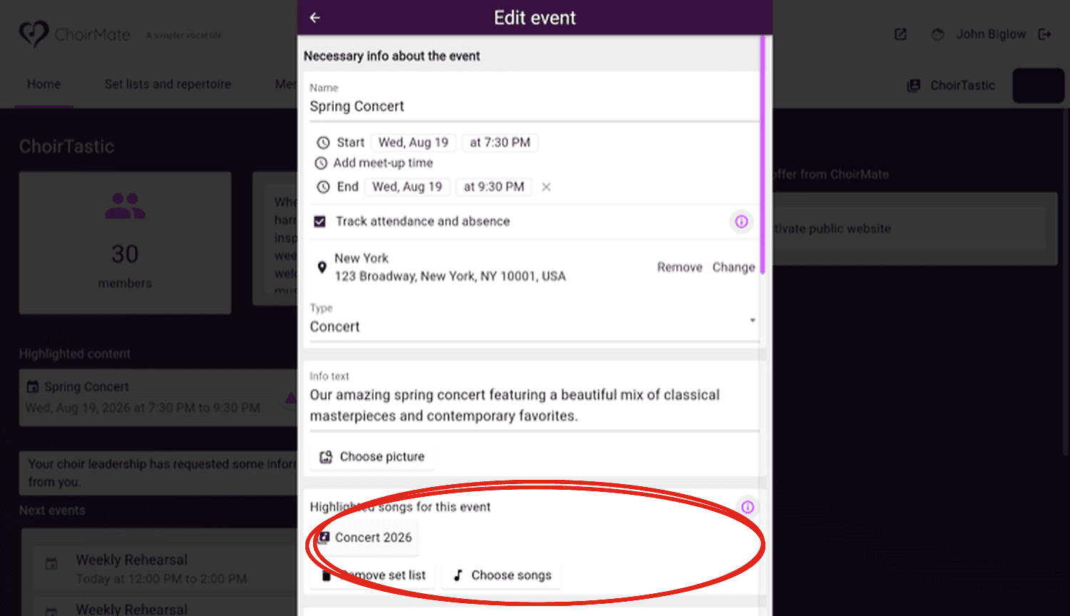 Highlighted songs in the web event editor