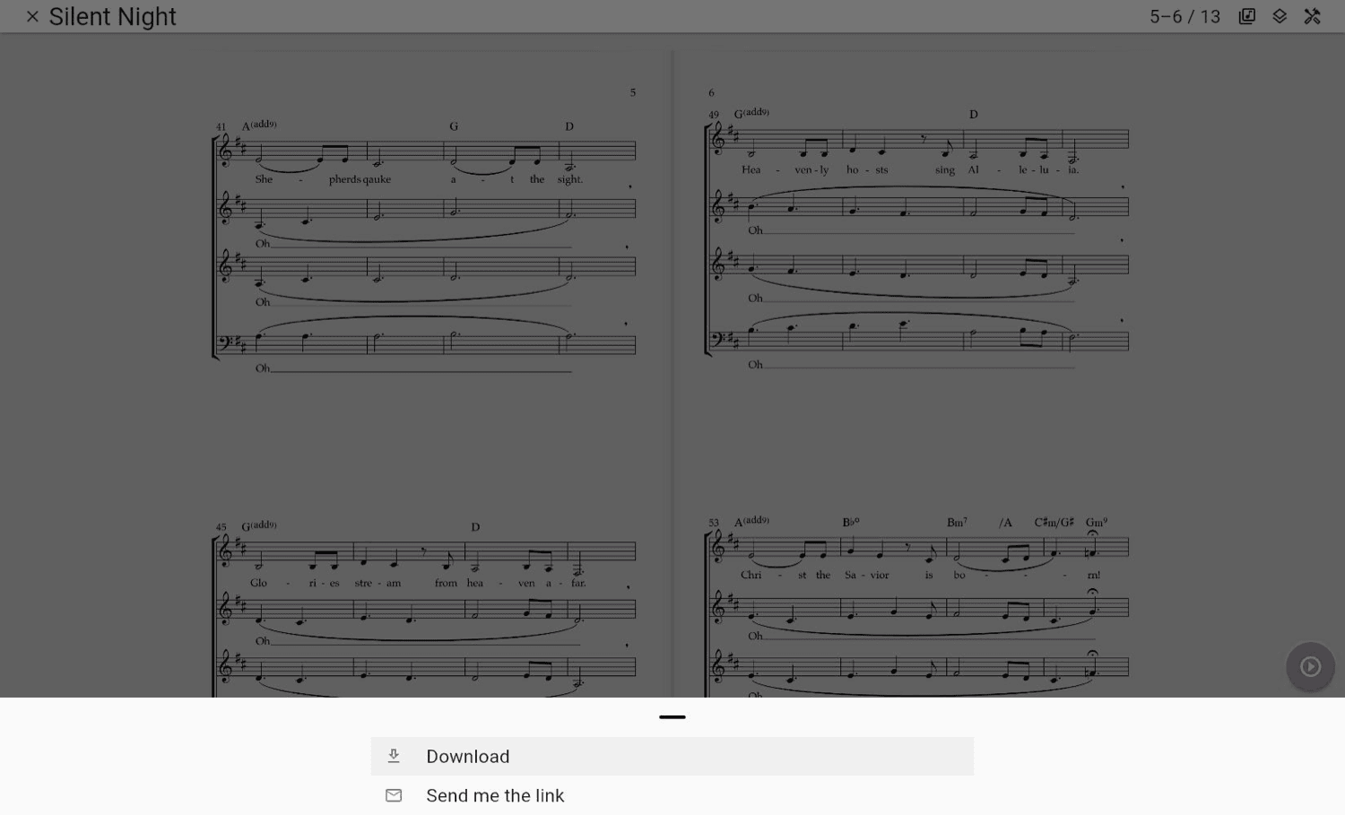 Download and email choices for sheet music in ChoirMate Web