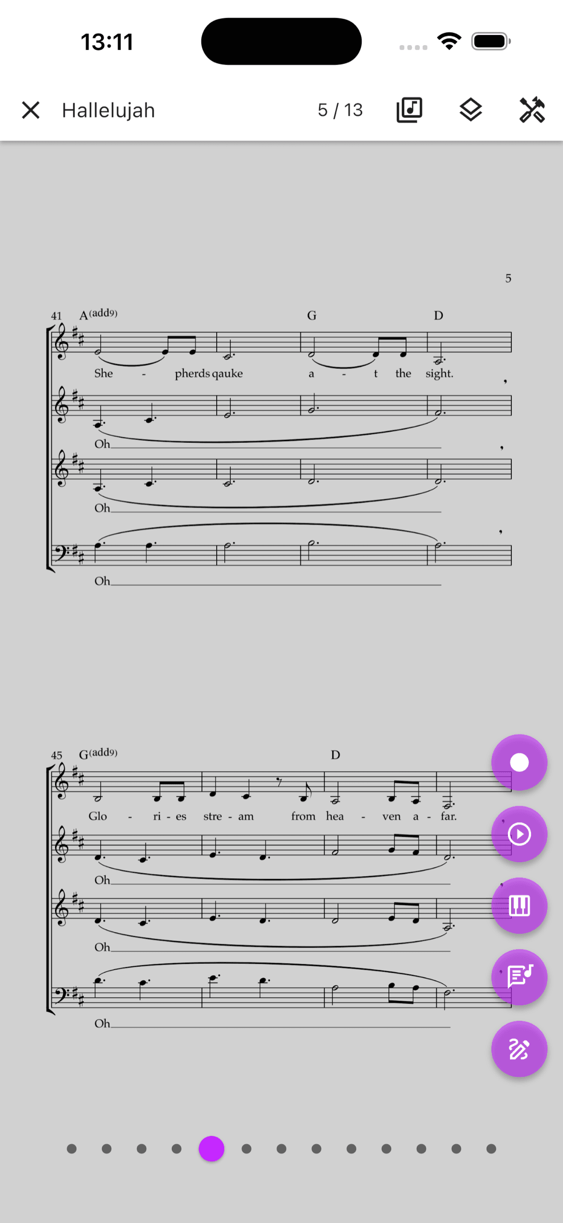 Record control beside page 5 in the ChoirMate sheet music viewer