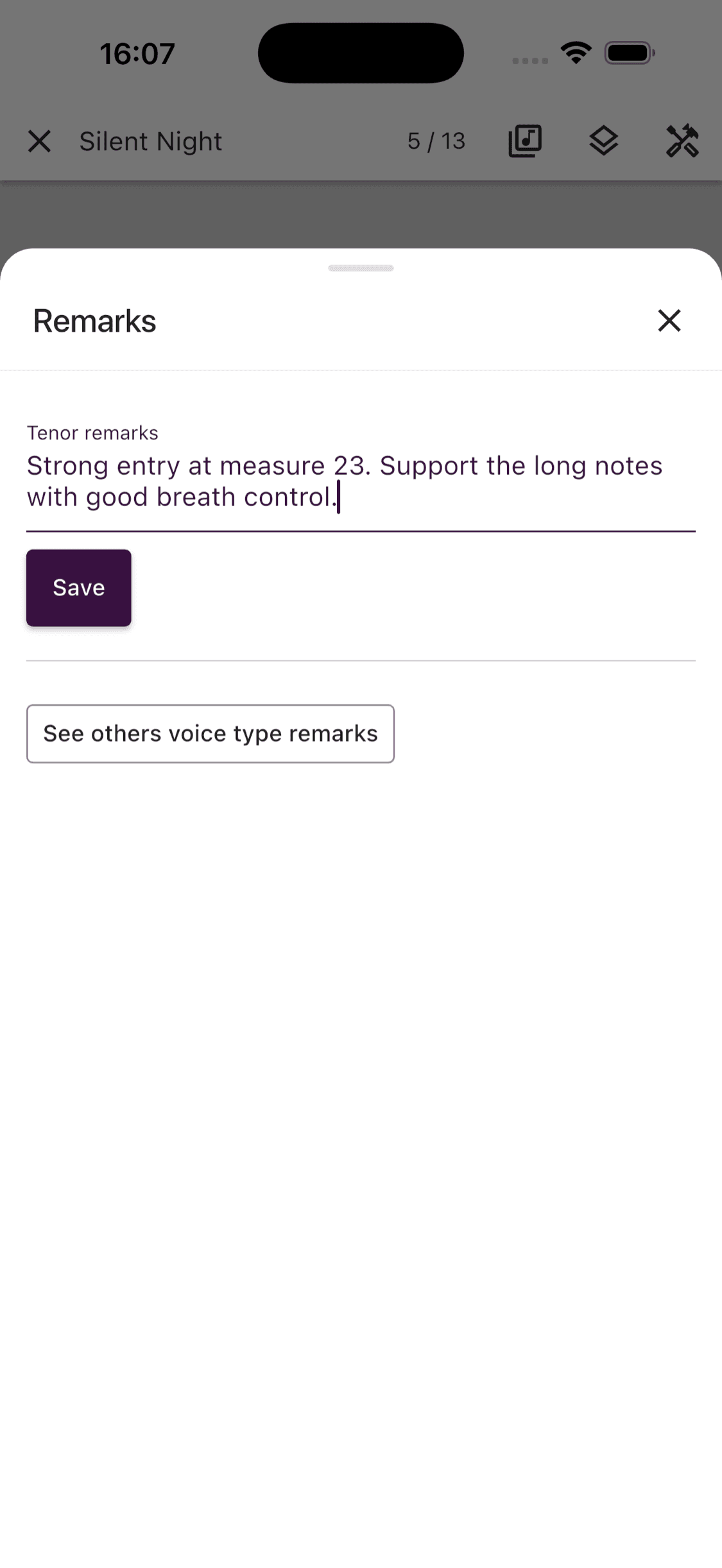 Editing a tenor remark in the ChoirMate app