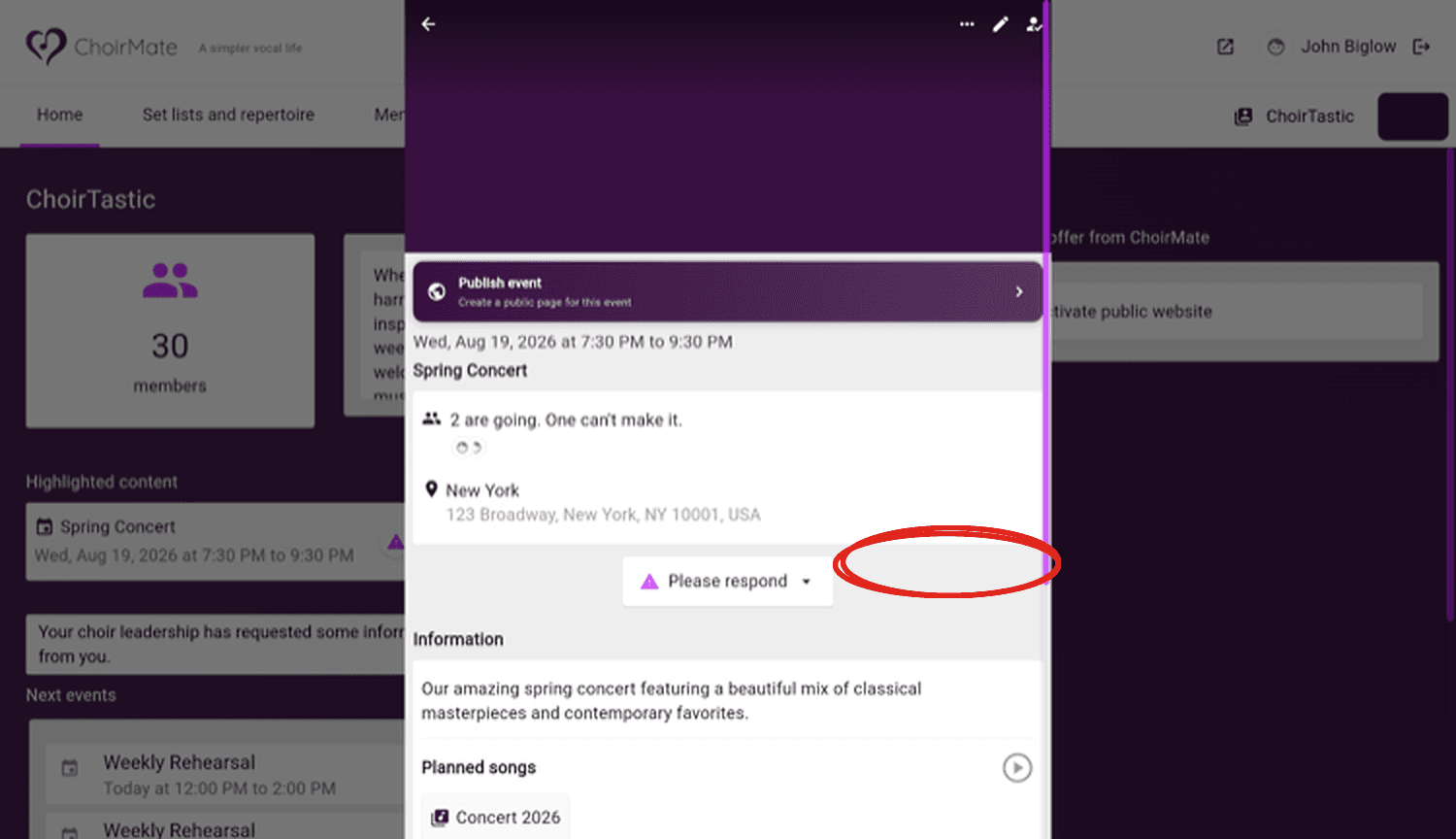 Responding to an event in the web app