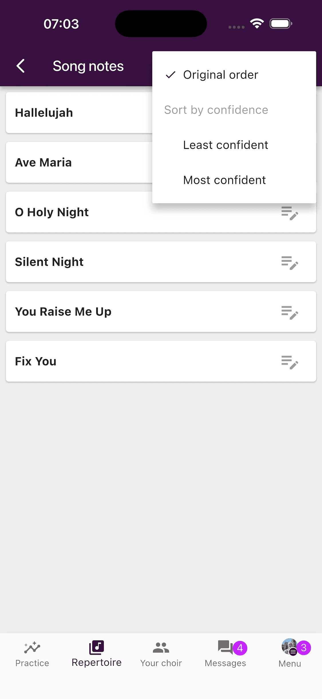 Sorting a set list by confidence in the ChoirMate app
