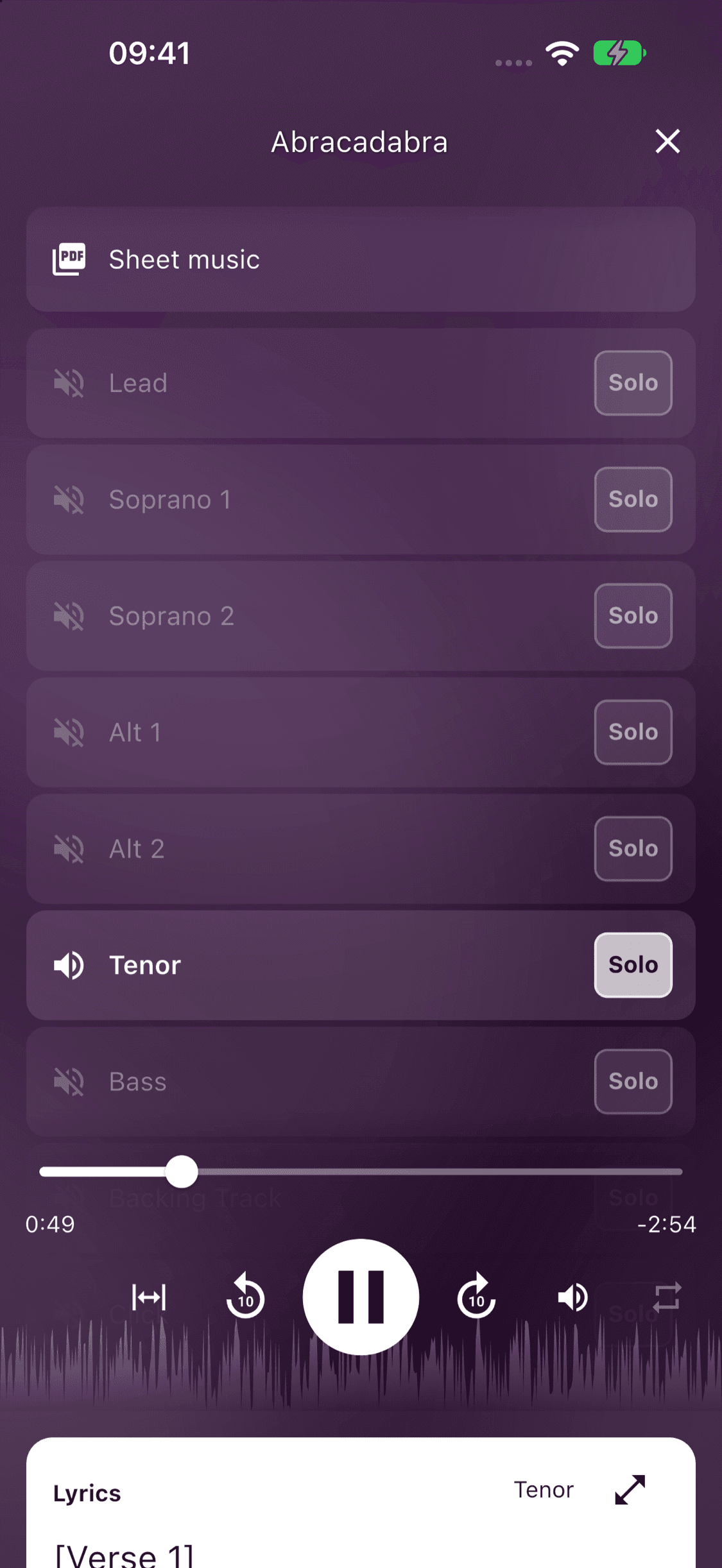 A voice part selected for solo playback