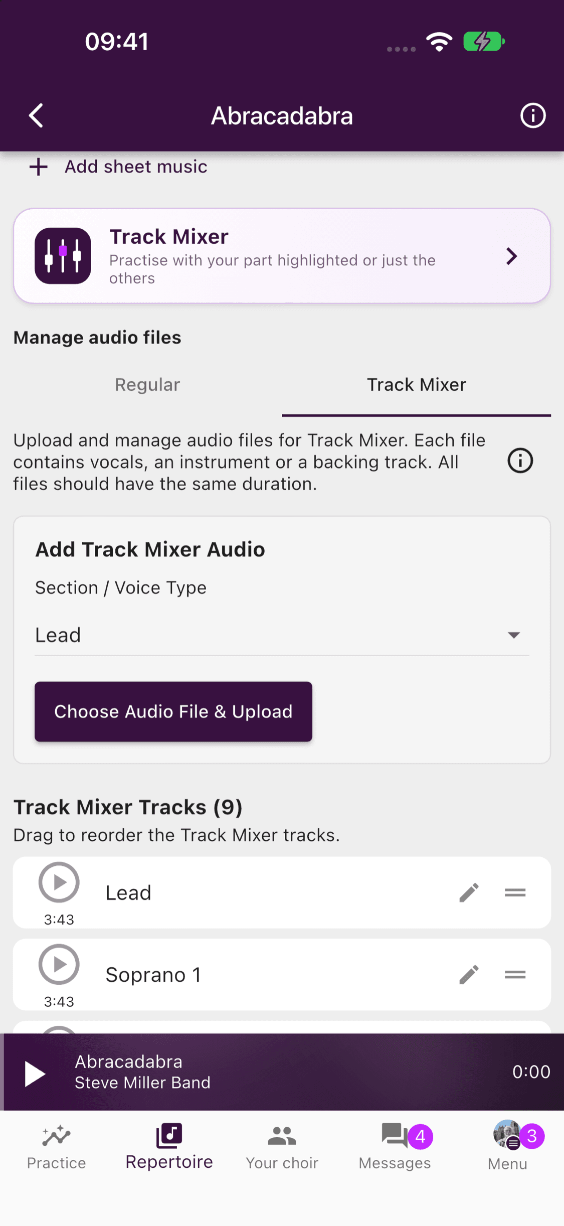Track Mixer setup with uploaded files and a compact info button