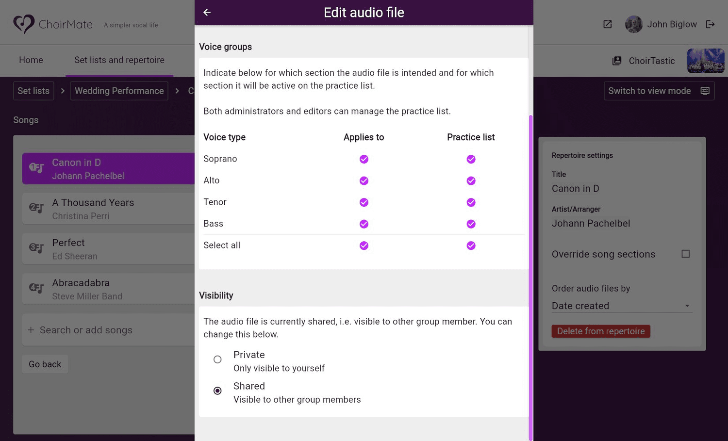 Editing voice-part assignments and visibility for an audio file on the web