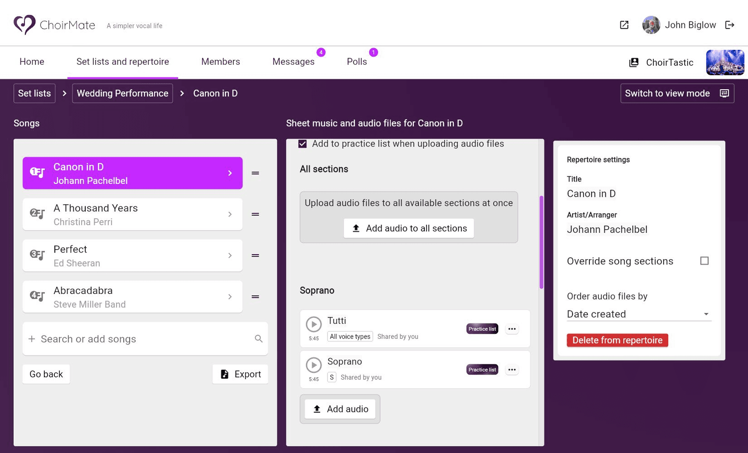 Voice-part audio upload and drop targets in ChoirMate on the web