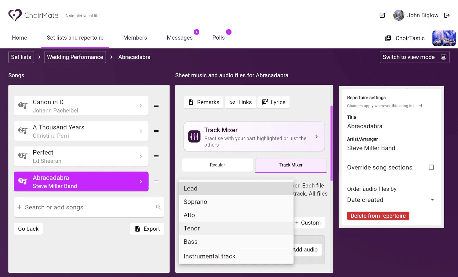 Section and instrumental destinations for mixer uploads