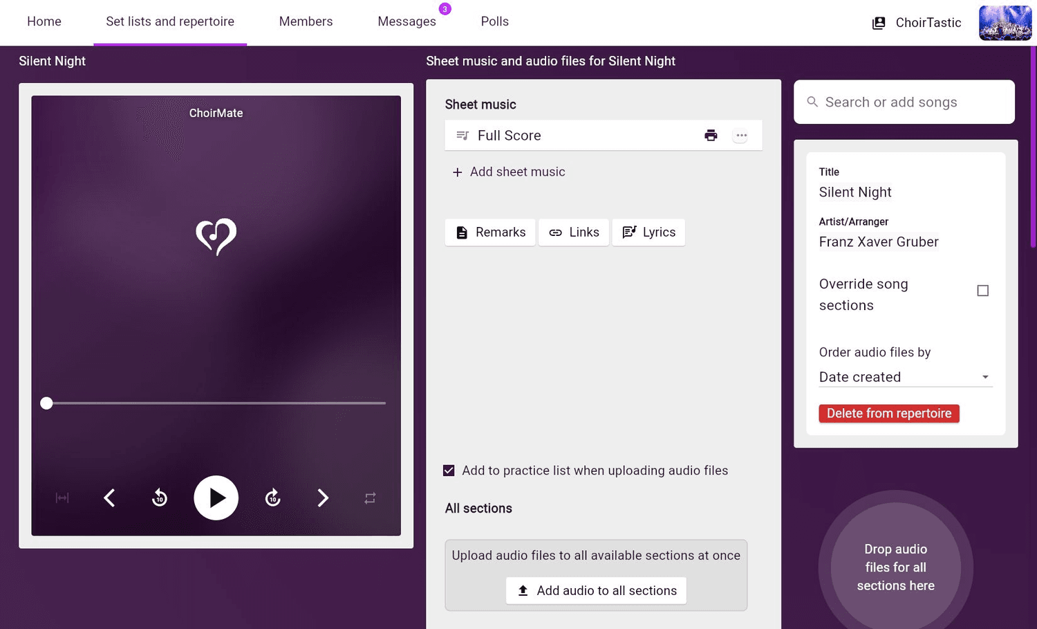 A song open in edit mode in ChoirMate on the web