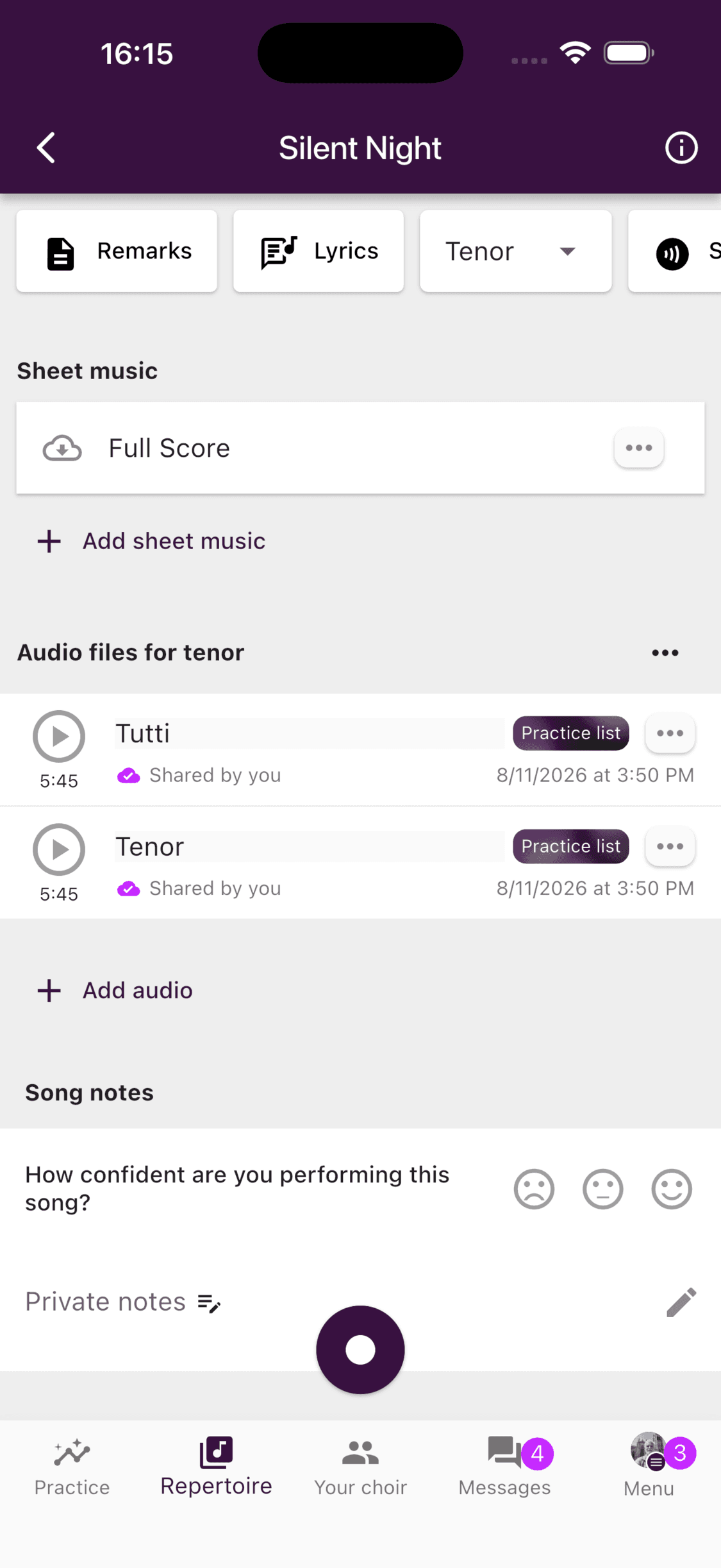The sheet music section of a song in the ChoirMate app