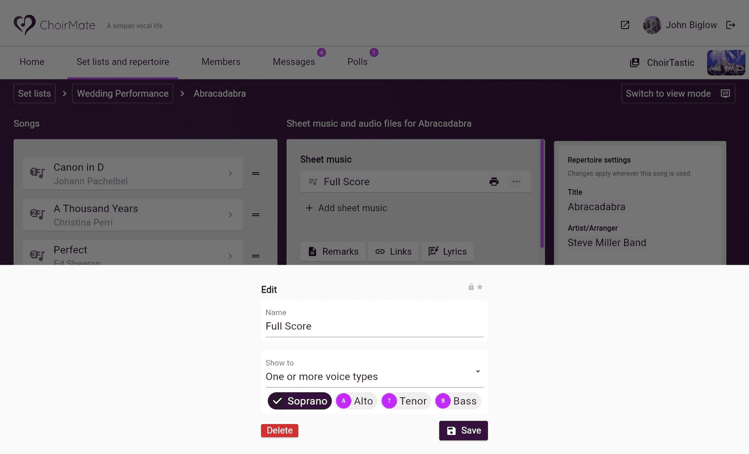 Choosing which voice parts can see a PDF on ChoirMate Web