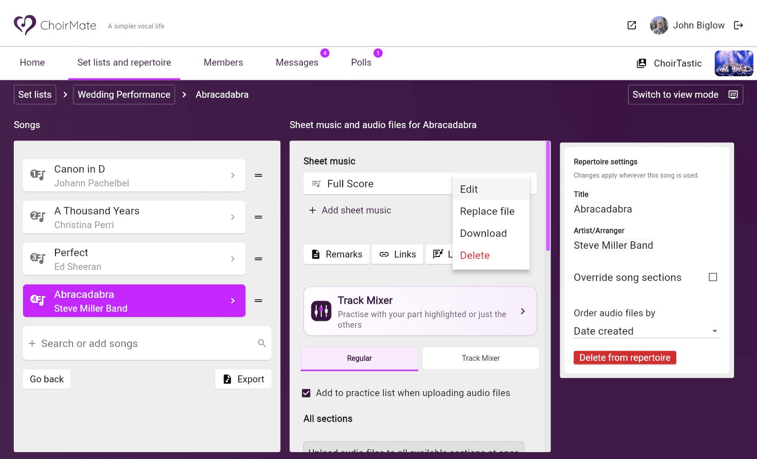 The sheet music menu with Edit and Replace file on ChoirMate Web