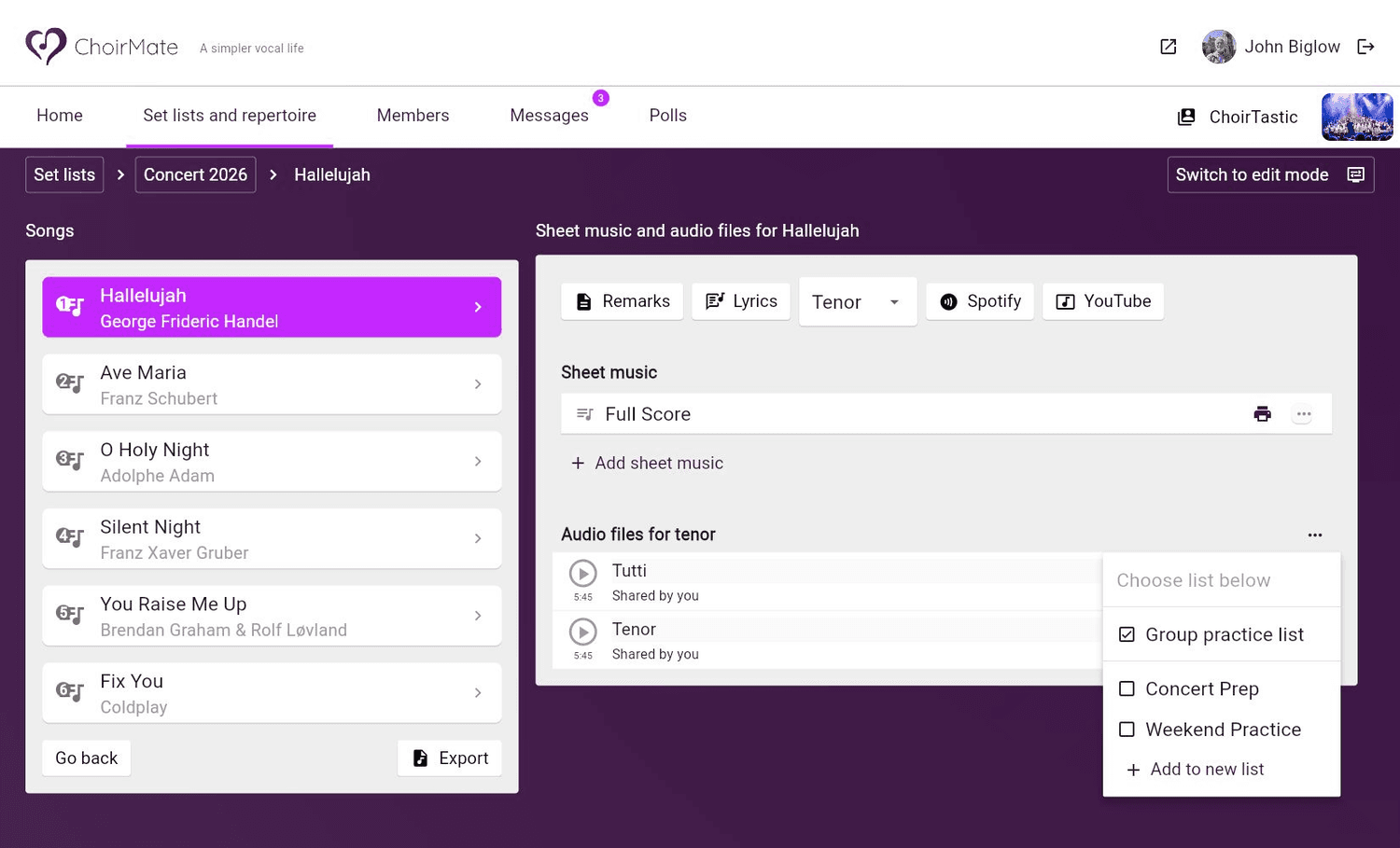 The group practice list selected for a recording in ChoirMate Web