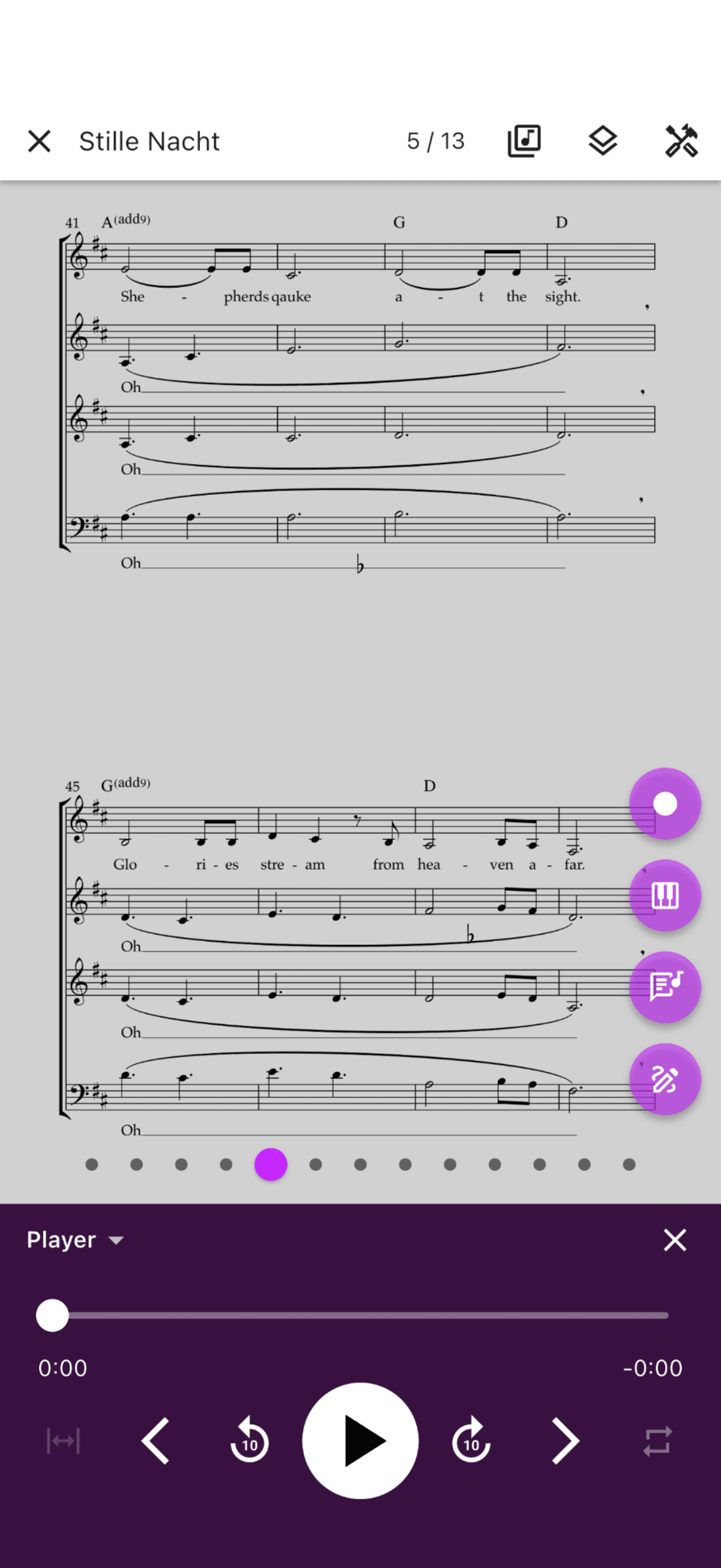 The audio player docked below sheet music in the ChoirMate app