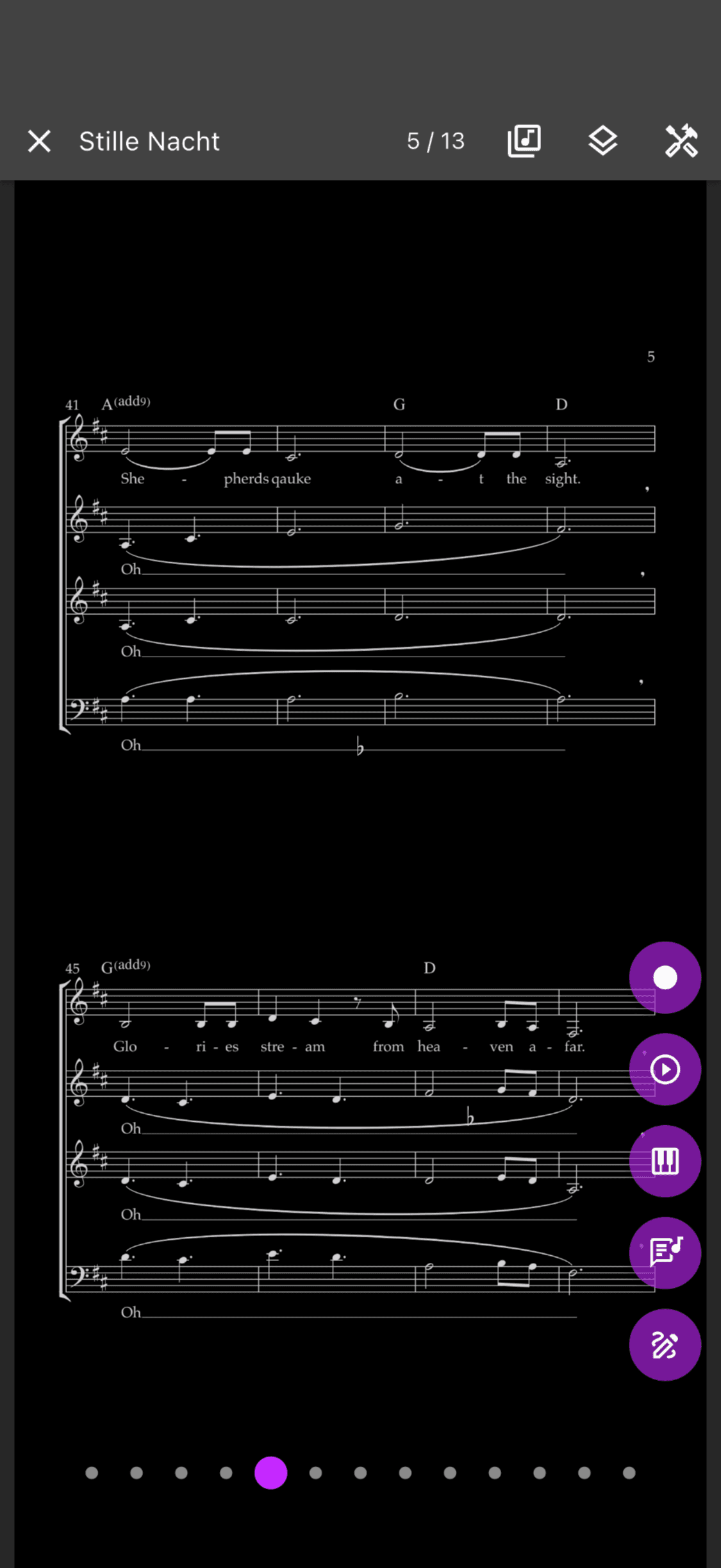 Sheet music displayed in dark mode in the ChoirMate app
