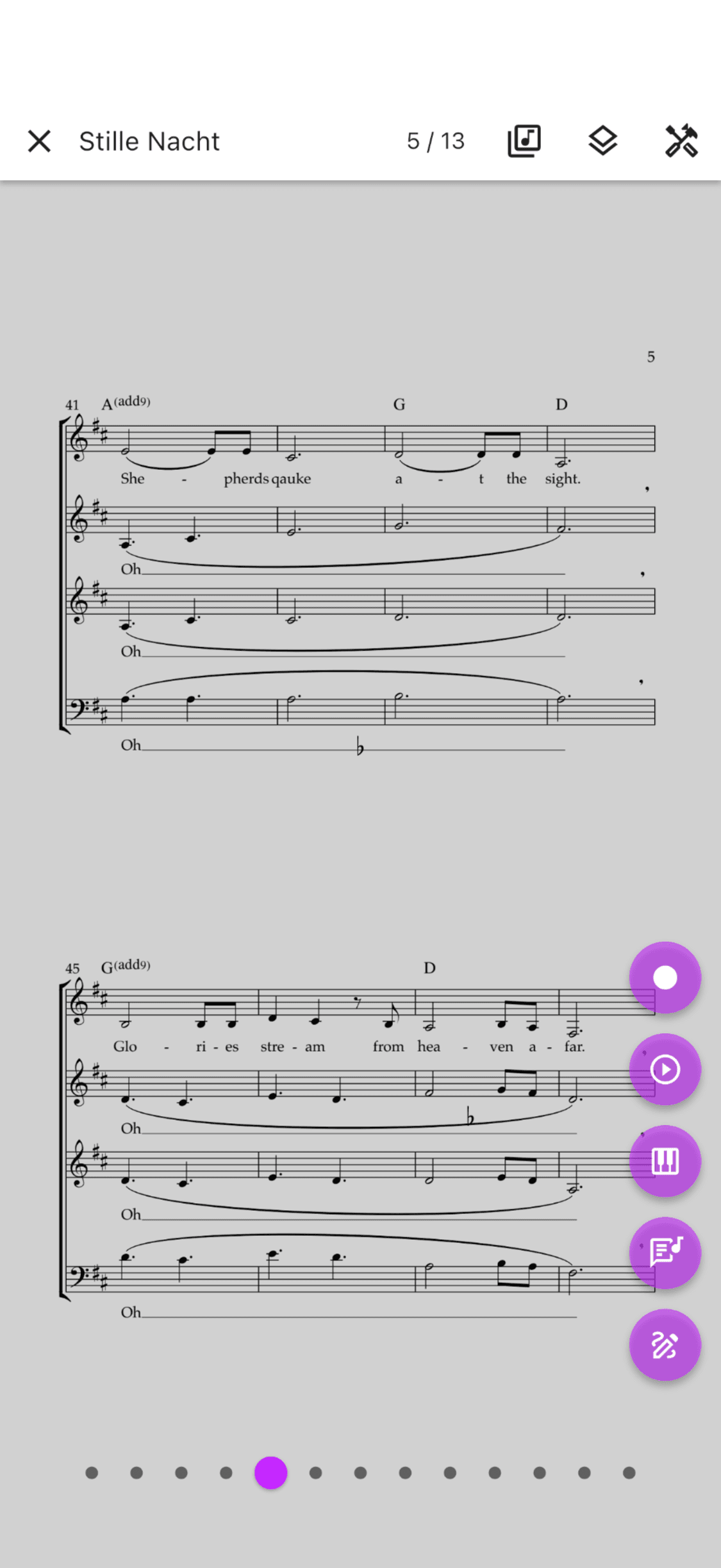 Sheet music with the viewer controls visible in the ChoirMate app
